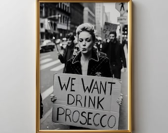 Prosecco Poster, Vintage Black White Street Art, Quirky Bar Decor (Digital Download)