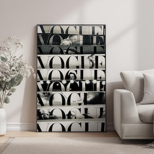 May include: A rectangular wall art print featuring a vertical collage of multiple black and white Vogue Italia magazine covers. The design displays the bold, iconic Vogue logo repeated across several horizontal segments, each showcasing different photographic imagery.