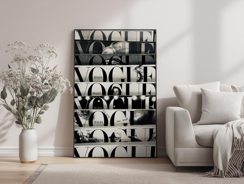 May include: A rectangular wall art print featuring a vertical collage of multiple black and white Vogue Italia magazine covers. The design displays the bold, iconic Vogue logo repeated across several horizontal segments, each showcasing different photographic imagery.