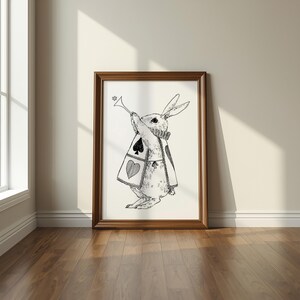 Lámina con diseño de conejo trompeta, decoración infantil estilo cuento, ilustración en blanco y negro (descarga digital)