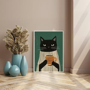 Black Cat Coffee Wall Art ,Mid Century Modern Cat Print , Retro Cat Poster , Cute Animal Illustration for Kitchen or Office, Printable art