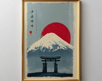 Mount Fuji Poster, Minimalist Japanese Art Print, Red Sun Landscape, Zen Decor