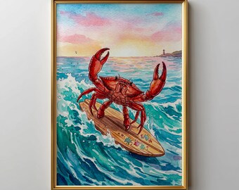 Impressão em aquarela de caranguejo surfista, arte divertida para casa de praia, decoração de surf ao pôr do sol na costa
