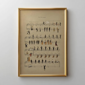 May include: A framed print featuring sheet music with whimsical illustrations of an orchestra. The artwork has a vintage aesthetic, with a gold frame and a beige background. The musicians are depicted in black and white, adding a touch of elegance.