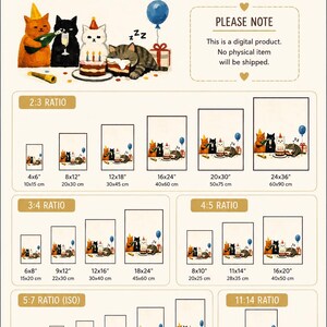 May include: A digital download guide displaying printable sizes for an illustration of four cats at a birthday party. The chart lists various aspect ratios including 2:3, 3:4, 4:5, 5:7, and 11:14 with corresponding dimensions in inches and centimeters.