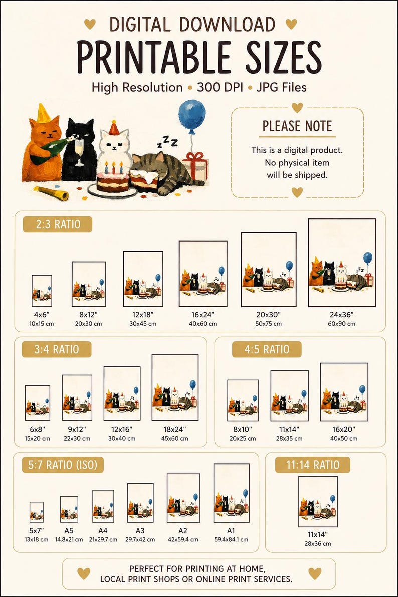 May include: A digital download guide displaying printable sizes for an illustration of four cats at a birthday party. The chart lists various aspect ratios including 2:3, 3:4, 4:5, 5:7, and 11:14 with corresponding dimensions in inches and centimeters.