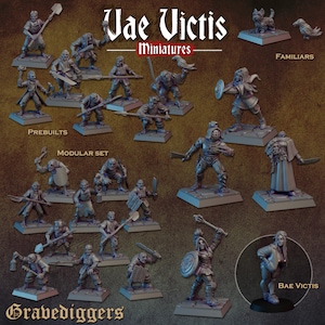 Puede incluir: Una colección de figuras en miniatura, que incluye prefabricados, un conjunto modular y familiares. Las figuras representan varios personajes, como guerreros y criaturas, con diseños detallados. El texto "Vae Victis Miniatures" y "Gravediggers" es visible.