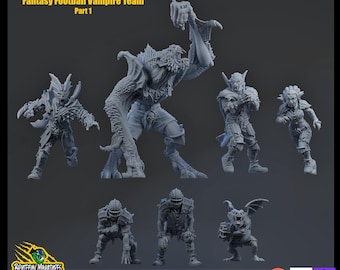 May include: A collection of gray miniature figures depicting a fantasy football vampire team. The figures include various vampire characters in football gear, with the text "Fantasy Football Vampire Team Part 1" at the top. The figures are labeled "Presupports by Krogmonster Ready to Print".