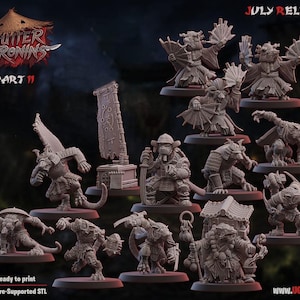Pode incluir: Uma coleção de doze miniaturas de guerreiros cinzentos semelhantes a ratos em várias poses, alguns segurando leques, espadas ou estandartes. O texto "GUTTER RONINS PART 11" e "JULY RELEASE 2026" é visível, juntamente com o logótipo da UGNI.