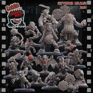 May include: A collection of gray miniature goblin figures in various poses, some holding weapons and shields. The figures are from the "Goblin Horror Movies Team" September 2021 release.