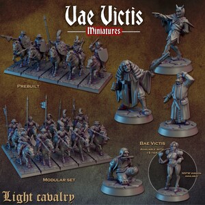 Puede incluir: Colección de figuras en miniatura grises, incluyendo caballería ligera montada y personajes individuales. Las figuras parecen ser de plástico o resina. El texto "Uae Victis Miniatures" y "Light Cavalry" son visibles.