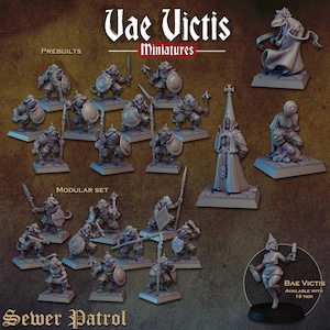Puede incluir: Colección de figuras en miniatura grises, que incluyen un conjunto modular de personajes de la Patrulla de Alcantarillas y otras figuras de fantasía. Las figuras son detalladas, con varias armas y escudos. El texto "Vae Victis Miniatures" y "Sewer Patrol" es visible.
