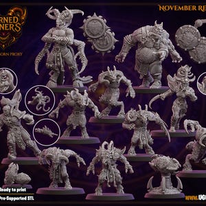 Könnte beinhalten: Eine Sammlung grauer, gehörnter Dämonenfiguren und Zubehör, darunter Schilde und ein Schloss, auf einem lila Hintergrund. Der Text "HORNED SINNERS" und "CHAOSBORN PROXY" sind sichtbar. Das Bild enthält auch den Text "NOVEMBER RELEASE 2025" und "Ready to print Pre-Supported STL".