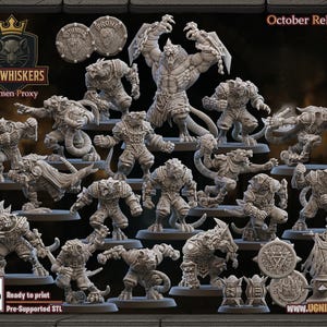 Puede incluir: Colección de miniaturas grises con forma de humanoide rata, etiquetadas como "Ironwhiskers Ratmen Proxy", para juegos de mesa. La imagen incluye varias poses, escudos y monedas. El texto incluye "October Release 2025", "Ready to print" y "Pre-Supported STL."