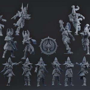 May include: A collection of gray miniature figurines, likely for tabletop gaming or display. The figures depict various characters in dynamic poses, with detailed armor and weaponry. A circular shield is also included.