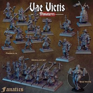 Puede incluir: Una colección de figuras en miniatura, incluyendo conjuntos prefabricados y modulares, con temática de fantasía. Las figuras están en varias poses, algunas sosteniendo armas. El texto "Vae Victis Miniatures" y "Fanatics" es visible.