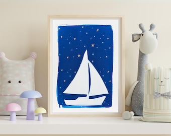 Original cyanotype - Starry Night edition boat - Wall art - A5 format