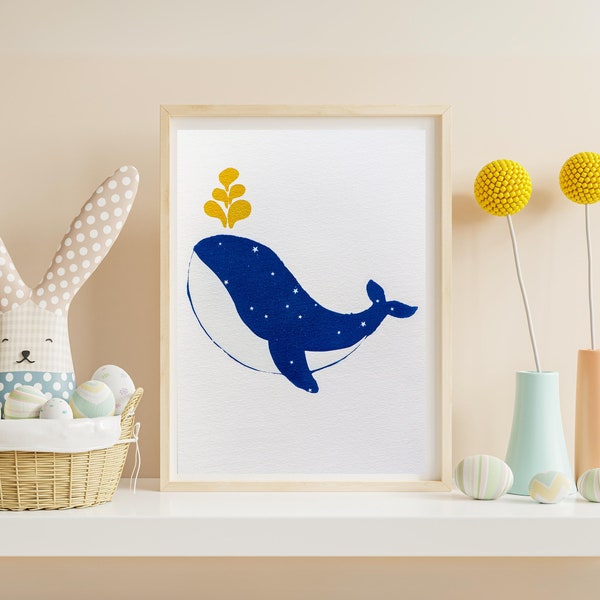 Original cyanotype - Starry Night edition whale - Wall art - A5 format