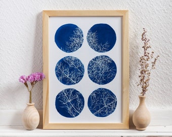 Original Cyanotype - Geometric shapes and fennel leaf - Botanical art - Wall decoration - A5 format
