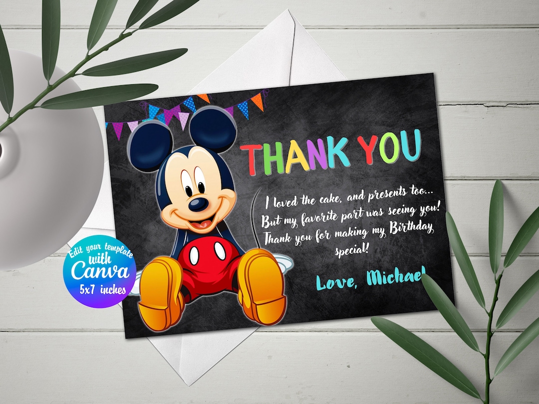 Mickey Mouse Thank You Card, Mickey Mouse Print, Mickey Mouse Birthday ...