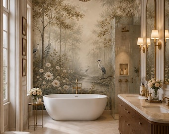 Mural de papel pintado Bosque de garzas, paisaje botánico en tonos beige neutros, decoración de pared con paisajes naturales.