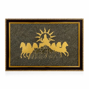 Gold Foil Surya Dev 7 Horses Wall Art | Pyrite Vastu Frame (12x18 Inch)