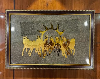 7 Horses Pyrite Frame Vastu Showpiece, Wealth and Luck Decor (12x18 inches)