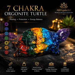 May include: A multi-colored turtle figurine made of resin and natural crystals, featuring a gradient of purple, blue, yellow, green, and red segments. The text 7 CHAKRA ORGONITE TURTLE is displayed above, with dimensions of 6 x 3 x 2 inches listed below.