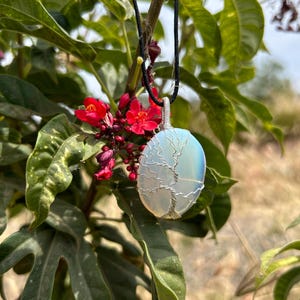 May include: A pendant necklace featuring a large, oval-shaped opalescent stone wrapped in silver-colored wire in a tree-of-life design. The pendant hangs from a black cord. The background includes green leaves and red flowers.