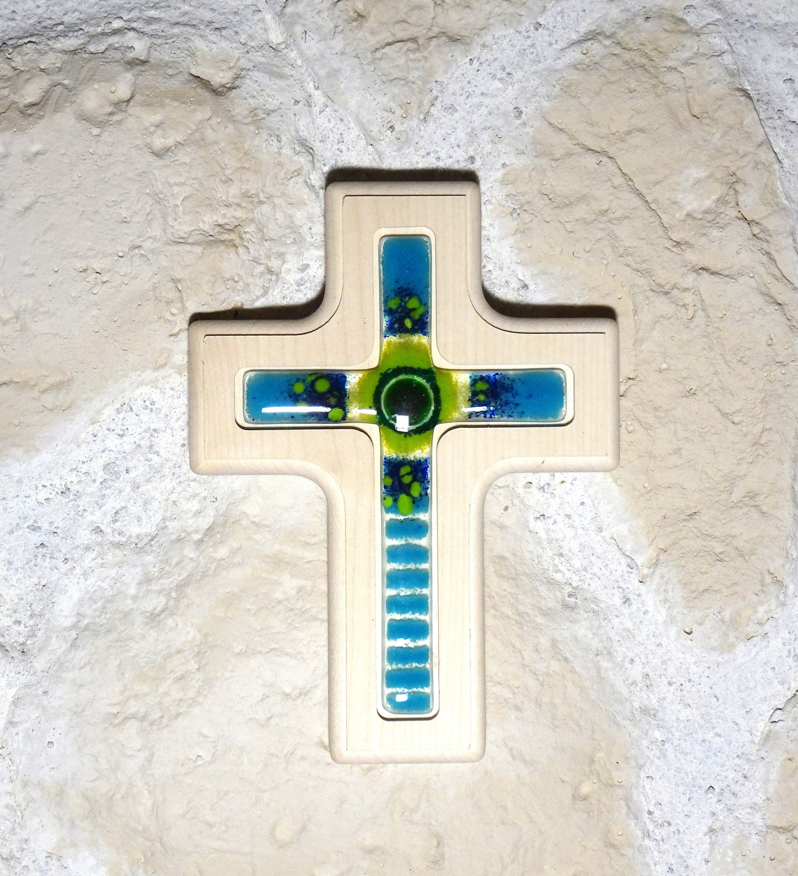 Wooden cross with fusing glass, cross made of maple gift
