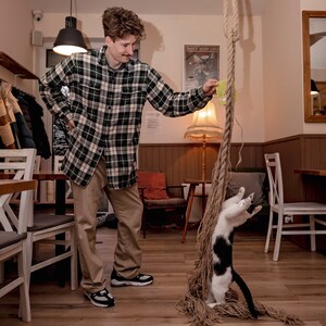 May include: A man in a plaid shirt plays with a black and white cat using a long rope toy. The cat is standing on its hind legs, reaching for the toy. The man is standing in a room with wooden floors and white chairs.