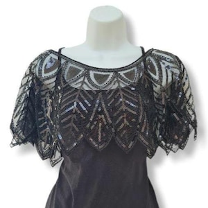Vintage glamouröse schwarze Spitze Pailletten Cape / Schal / Shrug