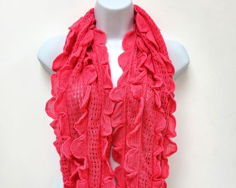 Large Pink Knitted  Ruffle Scarf/Snood/Winter Warm