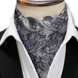 Elegant Grey Paisley Cravat Neck Tie with Silver Accents/Handmade