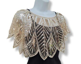 Vintage Glamourous Champagne Gold Sequin Lace Cape/Shawl/Shrug/Bolero