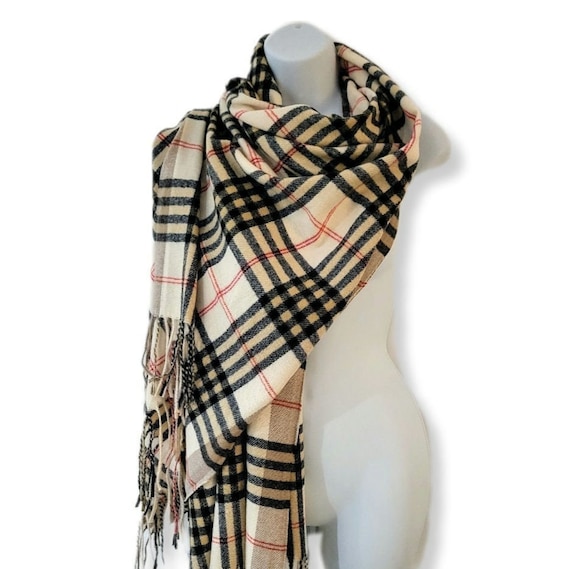 Traditional Checked Beige Tartan Scarf/classic Design With Traditional Checked Beige Tartan Scarf/classic Design With