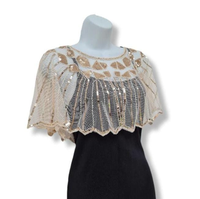 Vintage Elegant Champagne Lace Gold Sequin Cape/Shawl/Shrug/Bolero