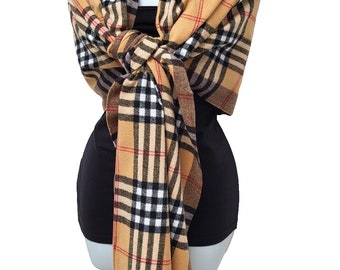Sciarpa Scialle Ruana CLASSIC – Morbida Plaid Beige E Marrone Con Bordo Nero – Donna