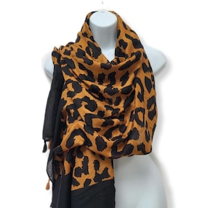 Traditional Tan Animal Leopard Print Scarf/Matching Tassels/Large Wrap