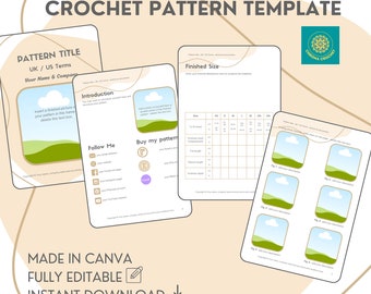 May include: A crochet pattern template with a beige background and a green and blue landscape illustration. The template includes sections for the pattern title, UK/US terms, introduction, finished size, follow me, and buy my pattern. The template is fully editable and can be downloaded instantly.