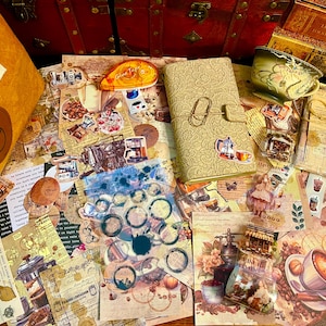 200+ Piece Coffee Themed Scrapbooking Journal Kit with Journal Bag, Coffee Scrapbooking, Junk Journal Ephemera, Coffee Stickers