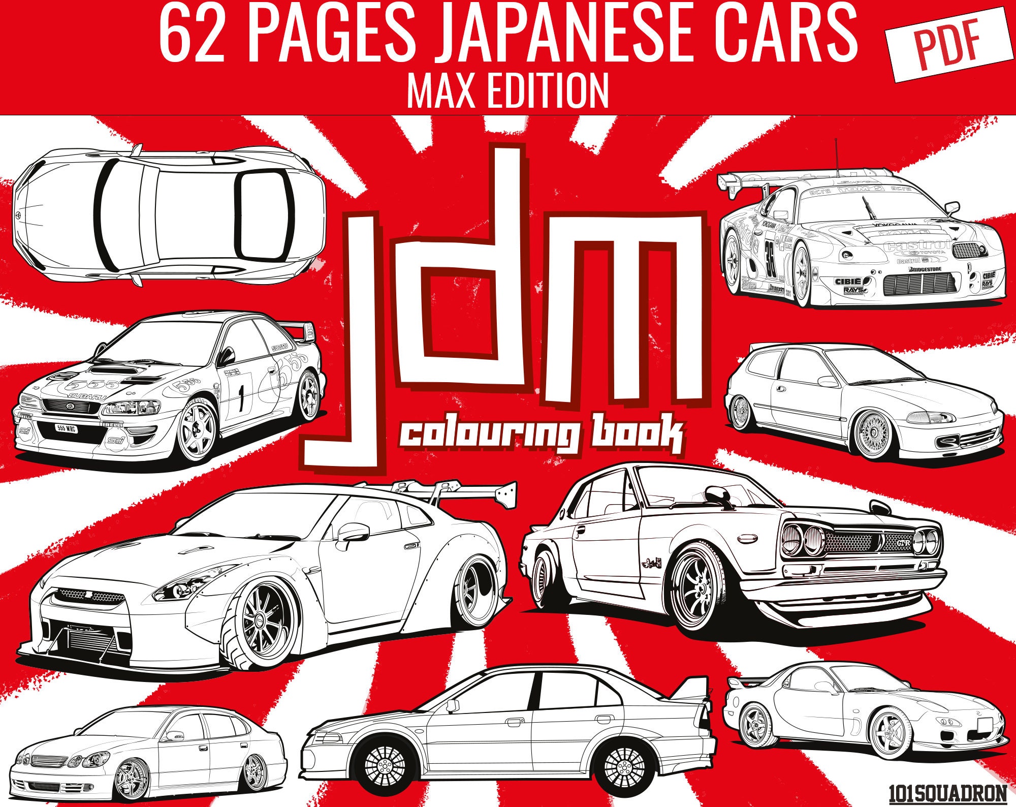 JDM Coloring Book : Features 45 pictures of Japanese Domestic Market cars  to color! (Paperback) 