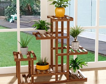 Étagère à fleurs pour balcon, étagère à pots multi-niveaux de salon en bois massif, étagère de décoration polyvalente pratique