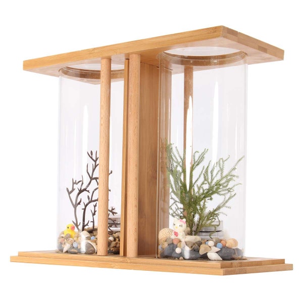 Mini acuario de escritorio ecológico de madera de bambú, pecera