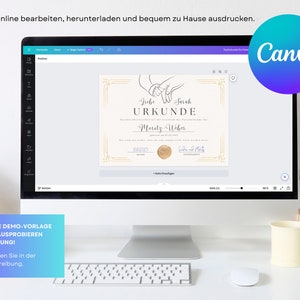 May include: A computer screen displaying a Canva design template for a certificate. The certificate is a gold and white design with a gold border and a gold seal. The text on the certificate reads "Liebe Sarah URKUNDE Moritz Weber".