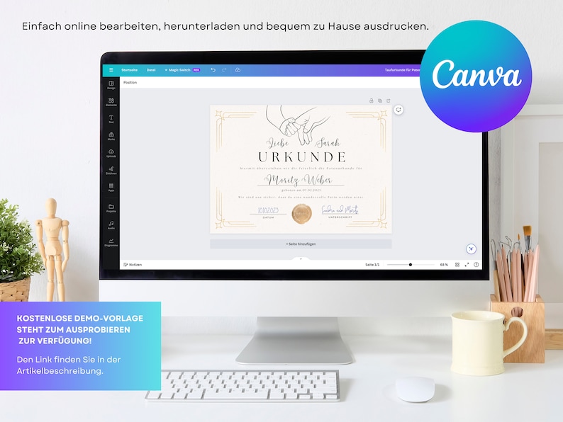 May include: A computer screen displaying a Canva design template for a certificate. The certificate is a gold and white design with a gold border and a gold seal. The text on the certificate reads "Liebe Sarah URKUNDE Moritz Weber".