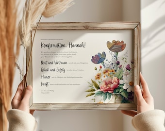 Personlig PDF-mall för självutskrift, konfirmationspresent anpassningsbar med blommor