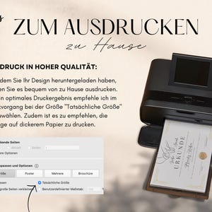 May include: A black printer with a white certificate being printed. The printer has a screen that says "Tats&auml;chliche Gr&ouml;&szlig;e" which translates to "Actual Size".