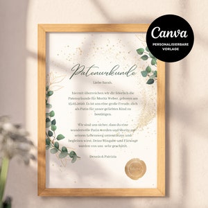 Certificado de padrino personalizable como regalo de bautizo: regalo único para madrina y padrino, certificado de padrino para imprimir