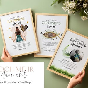 May include: Three framed art prints with personalized text and illustrations. One features a girl with a heart balloon, another a fish, and the third a soccer ball. The frames have a light wood finish. The text includes the words "Alles Liebe Zur Firmung" and names.